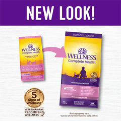 Wellness kitten dry food turkey-chicken-ingredients emphasizes real turkey as first ingredient.