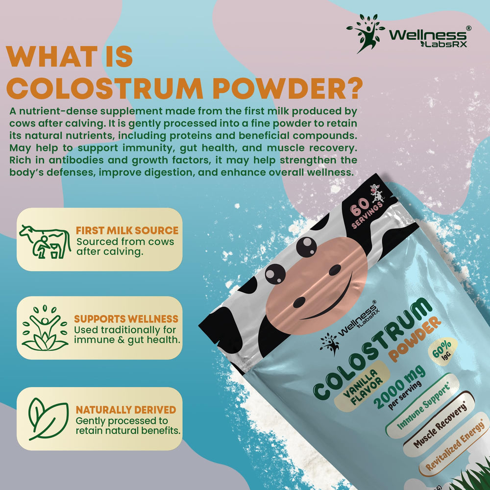 Wellness LabsRx Colostrum Powder Vanilla glass with water illustrating easy dissolve