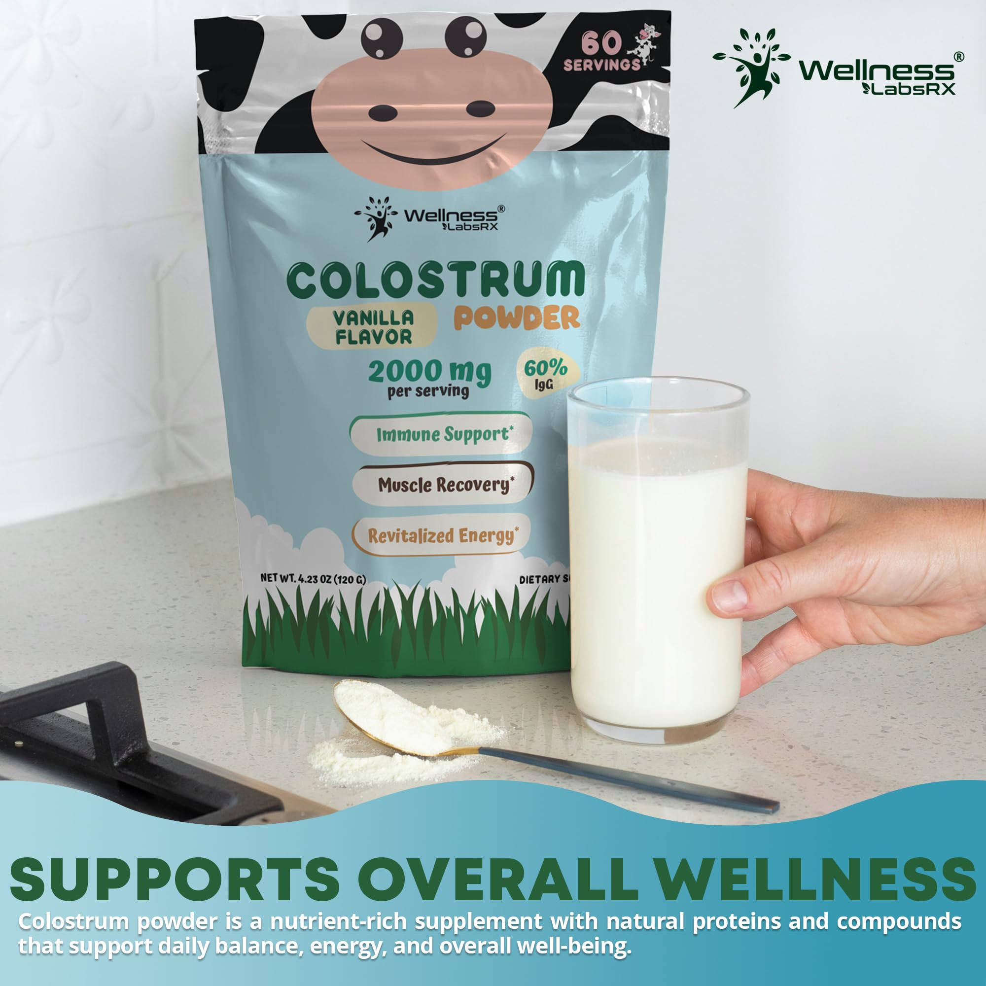 Wellness LabsRx Colostrum Powder Vanilla scoop beside measuring cup for precise servings