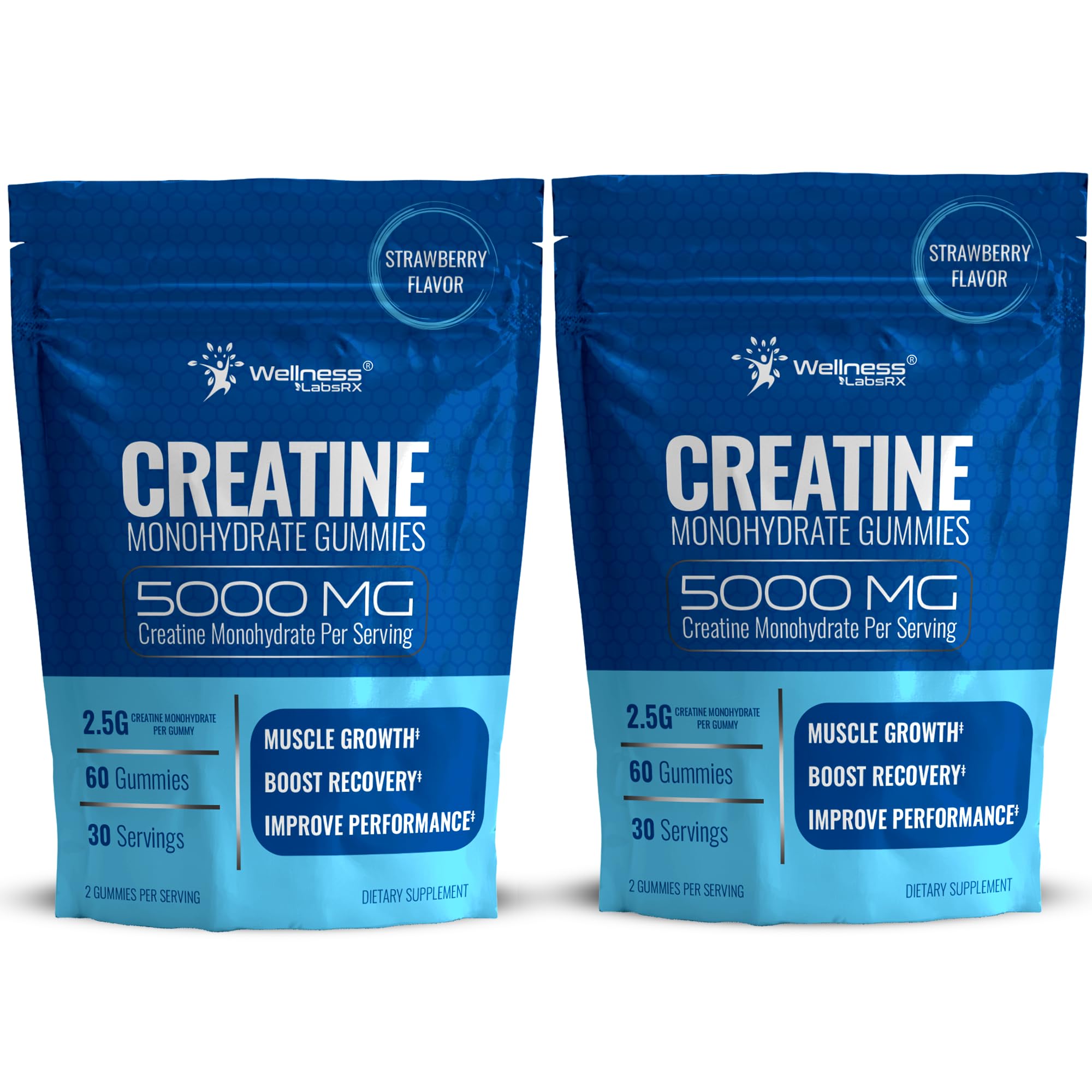 WELLNESS LABSRX Creatine Gummies bottle shows high-dose strawberry chewables for workouts and recovery.