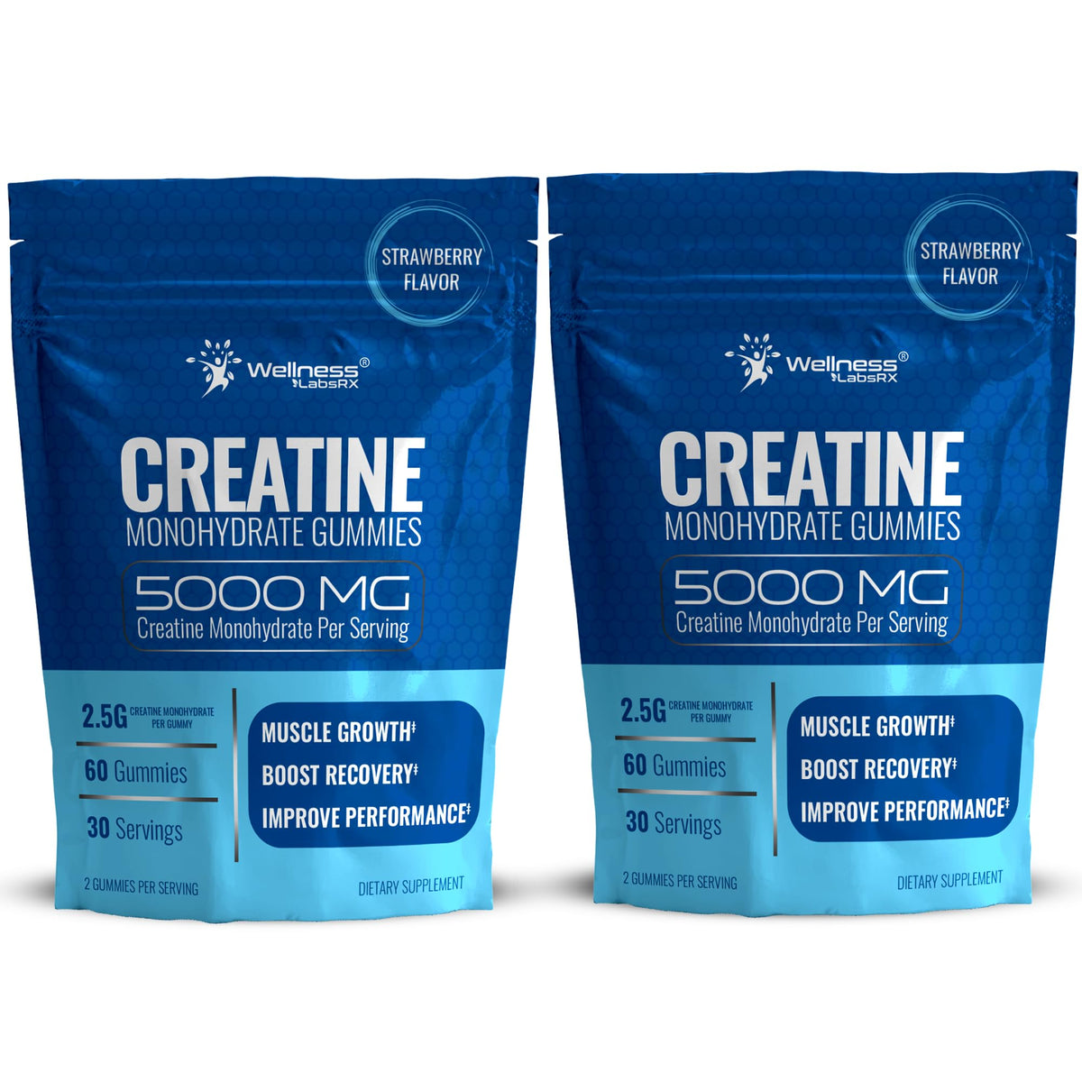 WELLNESS LABSRX Creatine Gummies bottle shows high-dose strawberry chewables for workouts and recovery.