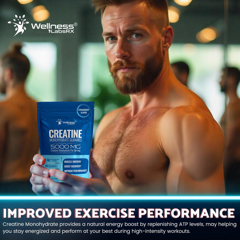 Ingredients panel of WELLNESS LABSRX Creatine Gummies showing allergen-free, third-party tested notes.