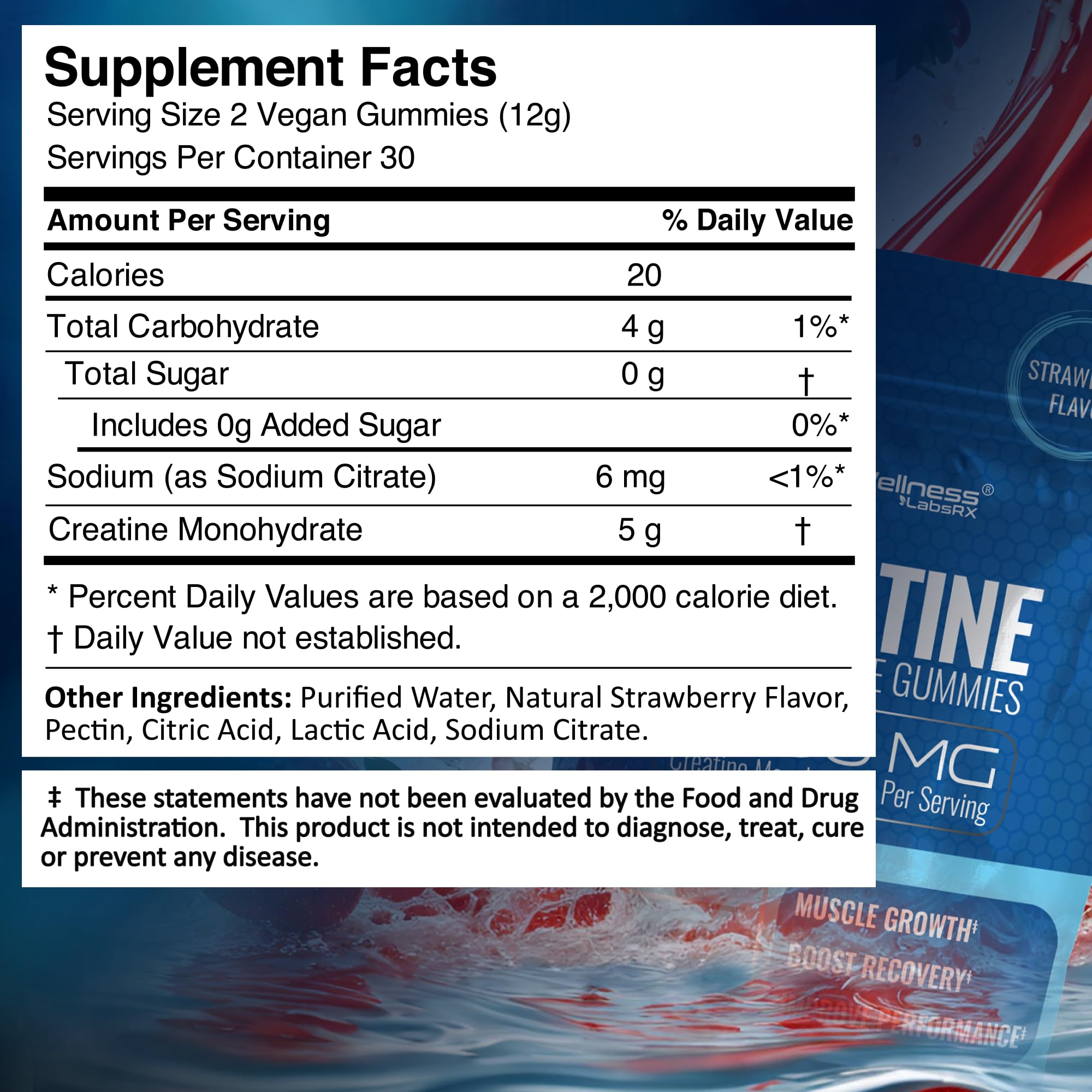 WELLNESS LABSRX Creatine Gummies jar displaying 30-day supply for daily performance support.