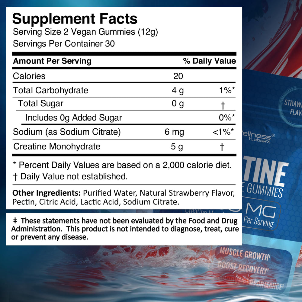 WELLNESS LABSRX Creatine Gummies jar displaying 30-day supply for daily performance support.
