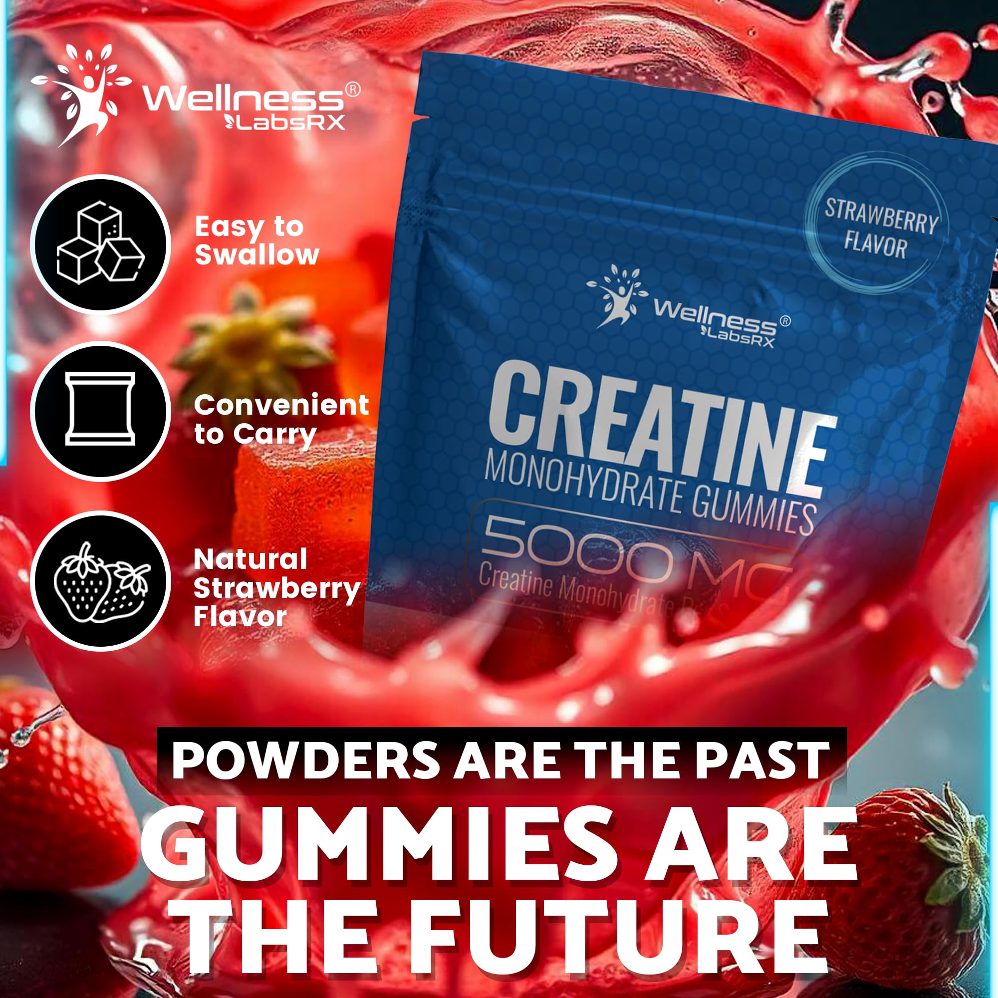 Label close-up on WELLNESS LABSRX gummies, highlighting vegan, gluten-free notes.