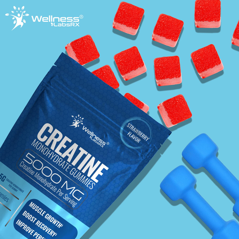 Gummies being poured from WELLNESS LABSRX pack for daily training momentum.