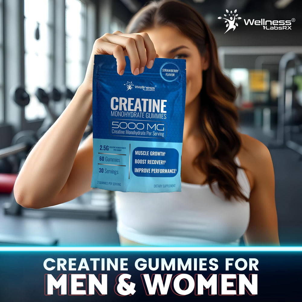 Gummies on a gym mat from WELLNESS LABSRX, convenient for strength goals.