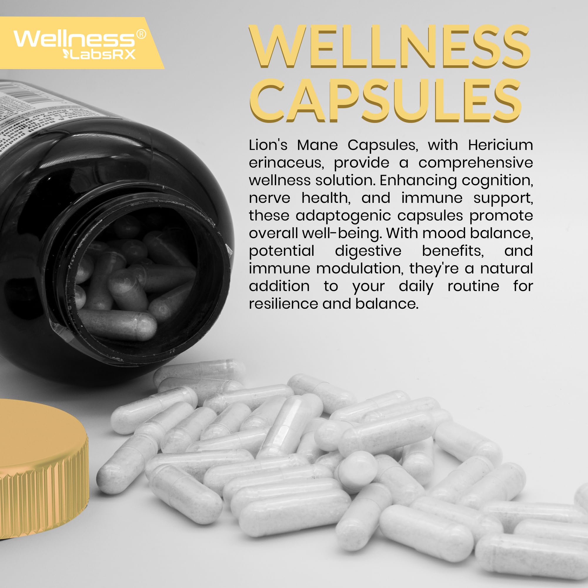 WellnessLabsRx Lions Mane bottle with cap showcases product quality.