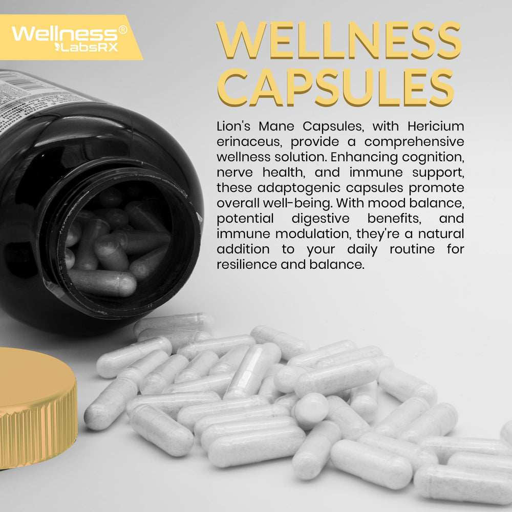 WellnessLabsRx Lions Mane bottle with cap showcases product quality.