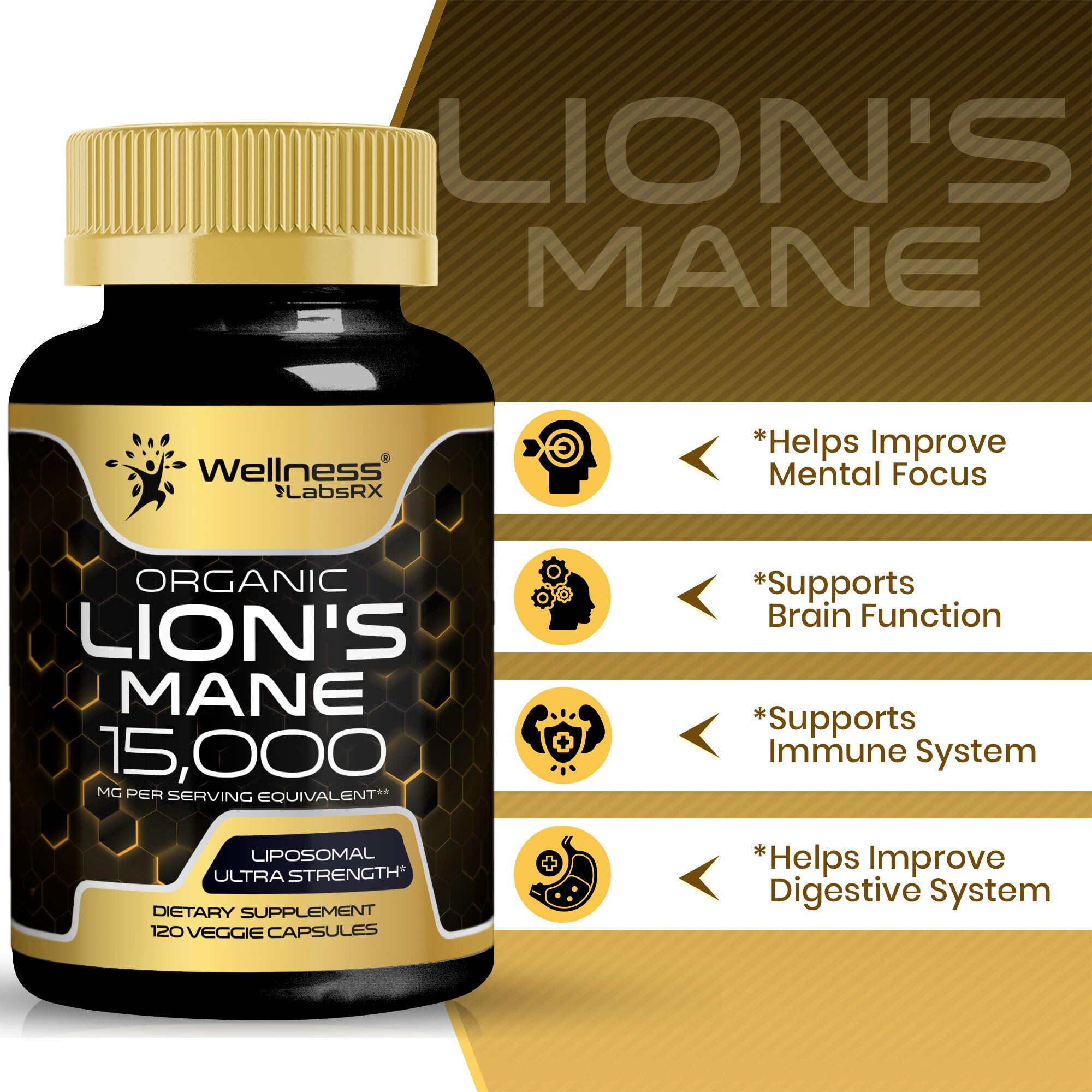 WellnessLabsRx Lions Mane mushroom powder texture suggests natural formula.