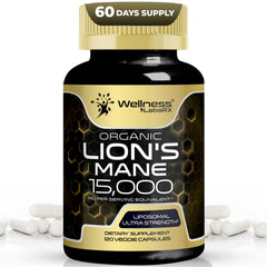 WellnessLabsRx Lions Mane bottle front promoting cognitive support and daily wellness.