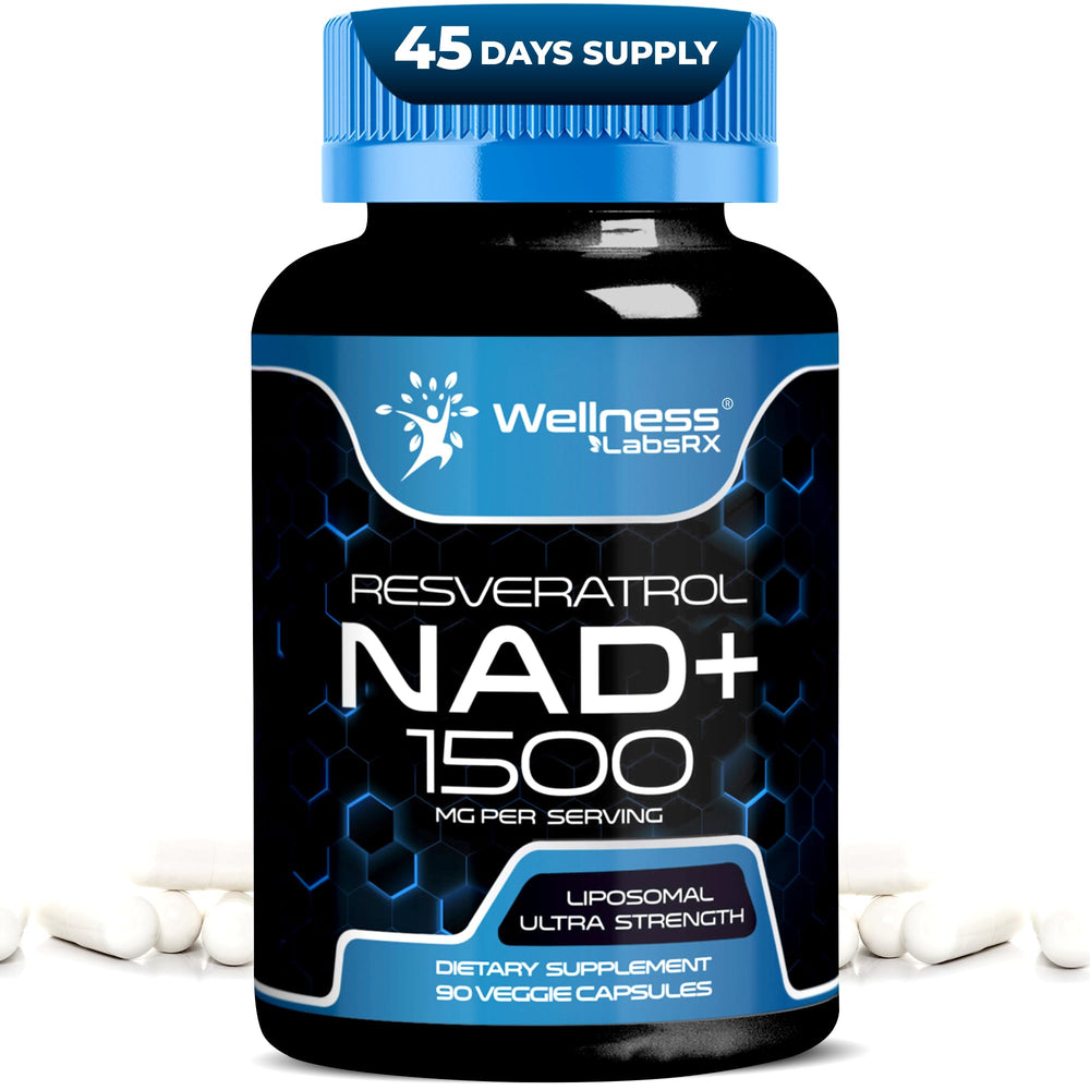 WELLNESS LABSRX liposomal NAD bottle with capsules, emphasizing daily energy support