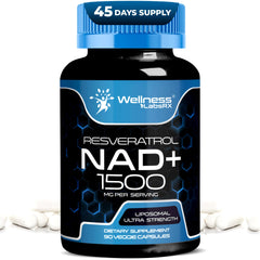 WELLNESS LABSRX liposomal NAD bottle with capsules, emphasizing daily energy support