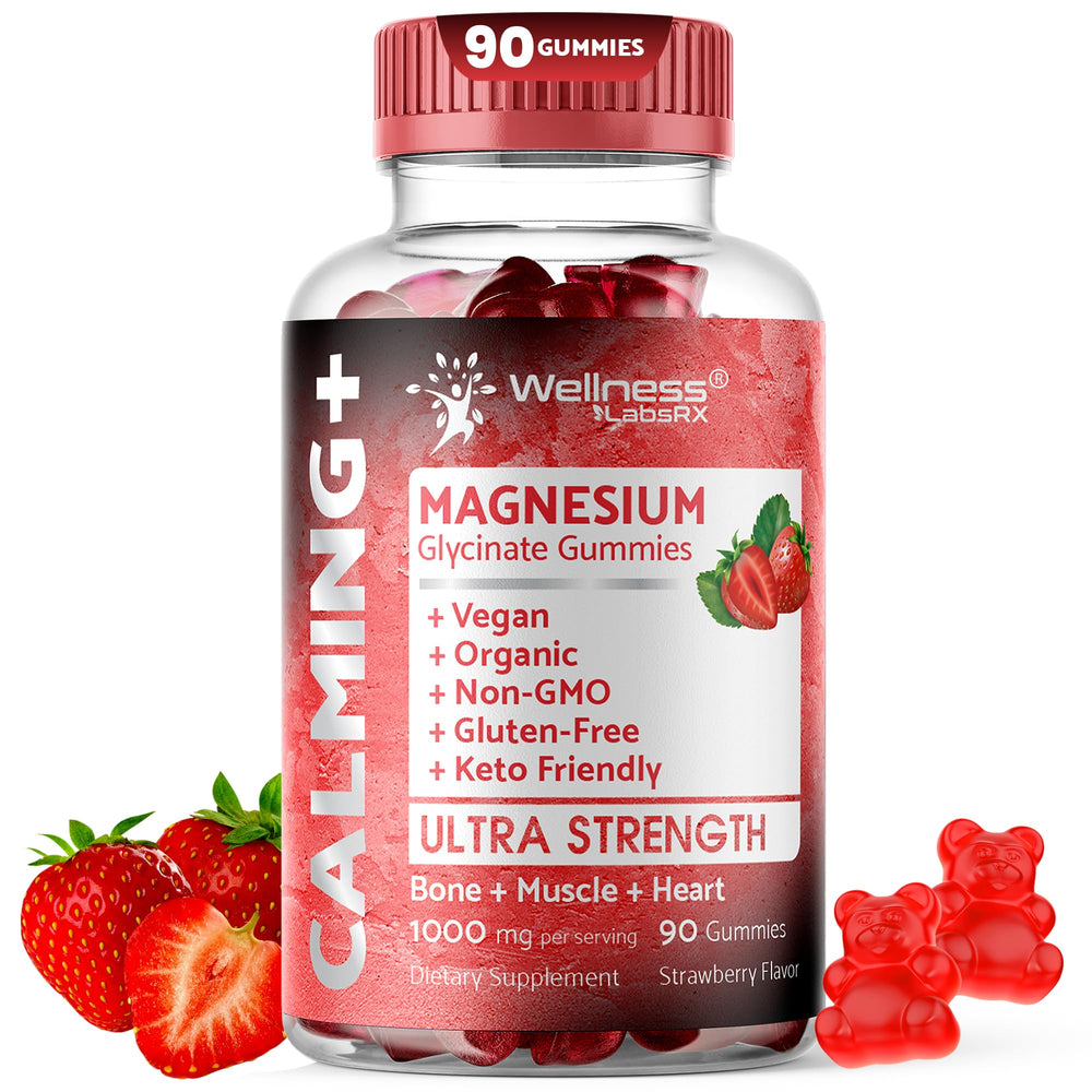 WELLNESS LABSRX bottle front with calming, strawberry-flavored gummies.