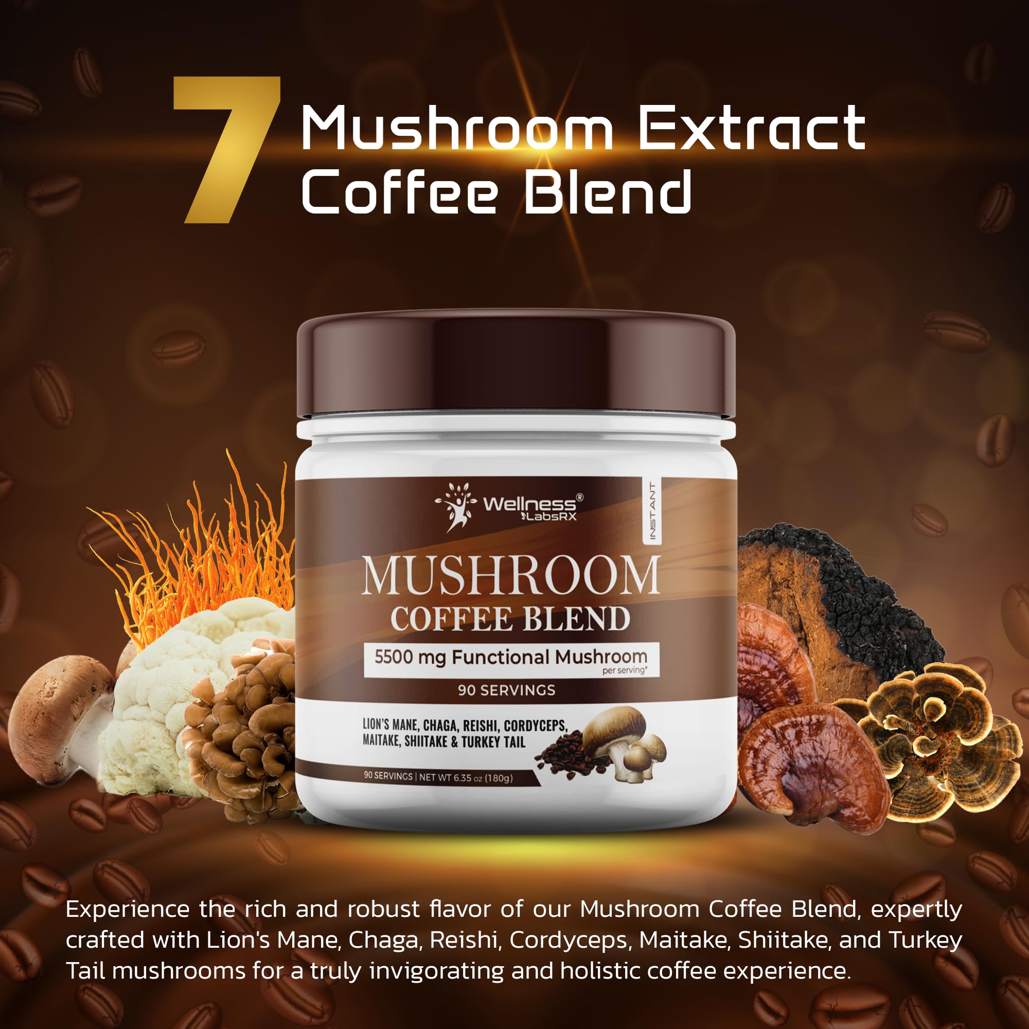 WELLNESS LABSRX Mushroom Coffee bag open reveals premium organic, fair-trade Colombian coffee.
