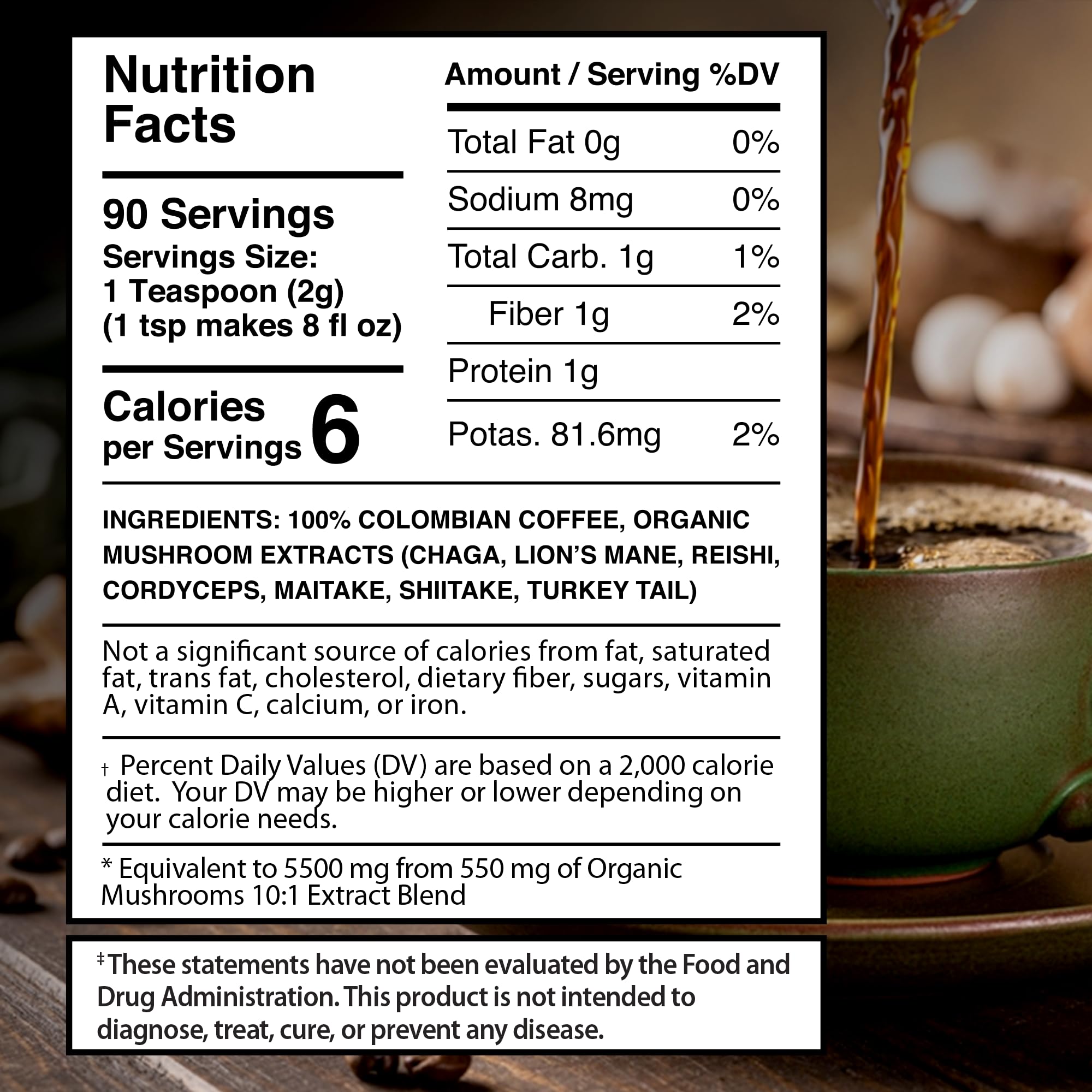 WELLNESS LABSRX Mushroom Coffee cup steaming offers rich aroma and clean energy.