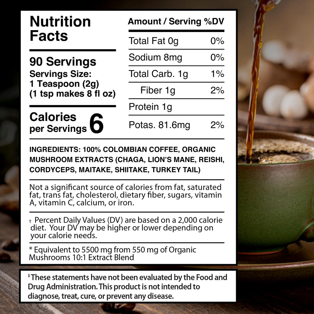 WELLNESS LABSRX Mushroom Coffee cup steaming offers rich aroma and clean energy.