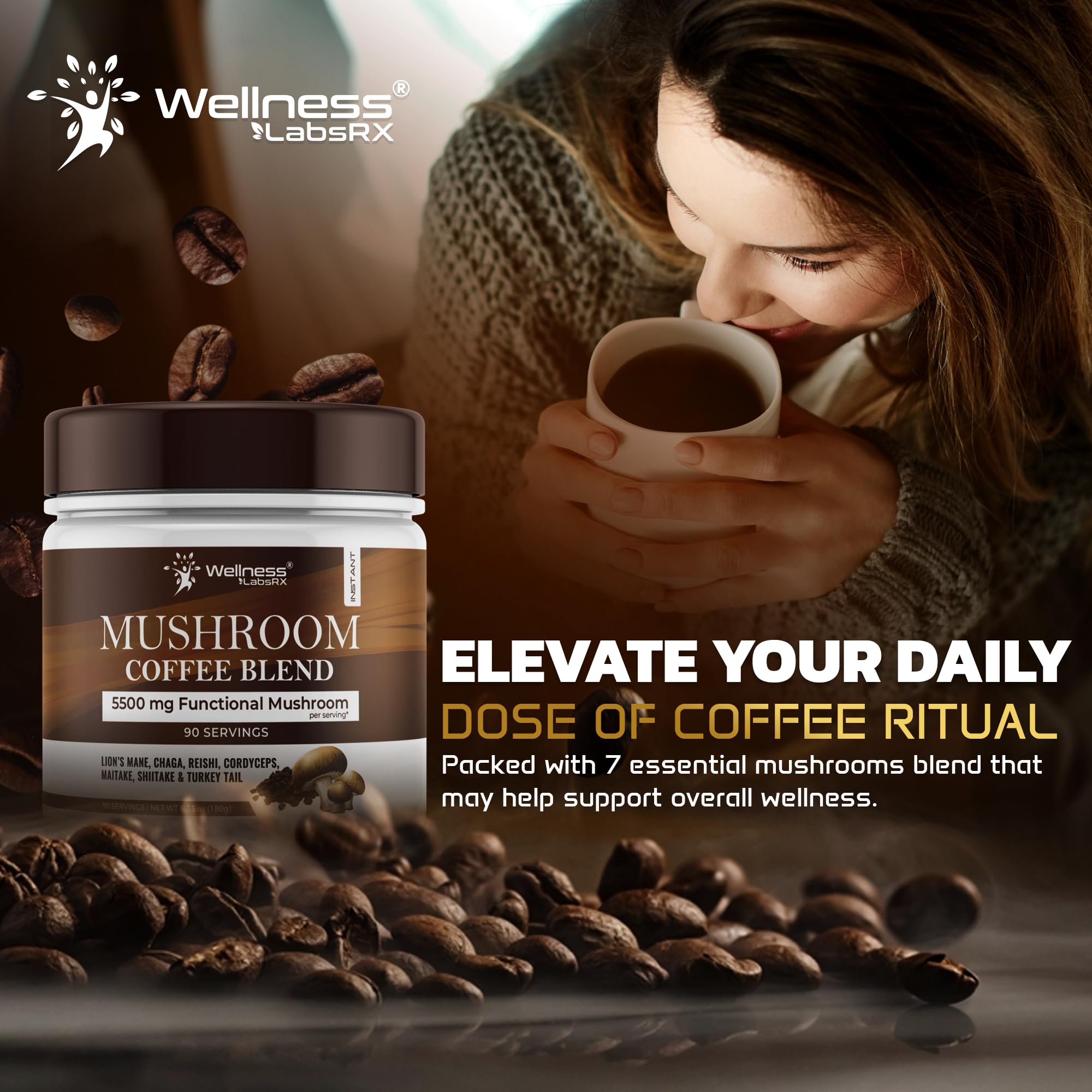 WELLNESS LABSRX Mushroom Coffee keto-friendly label signals balanced energy.