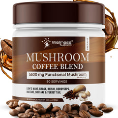 WELLNESS LABSRX Mushroom Coffee packaging highlights an organic 90-serving blend for daily energy.
