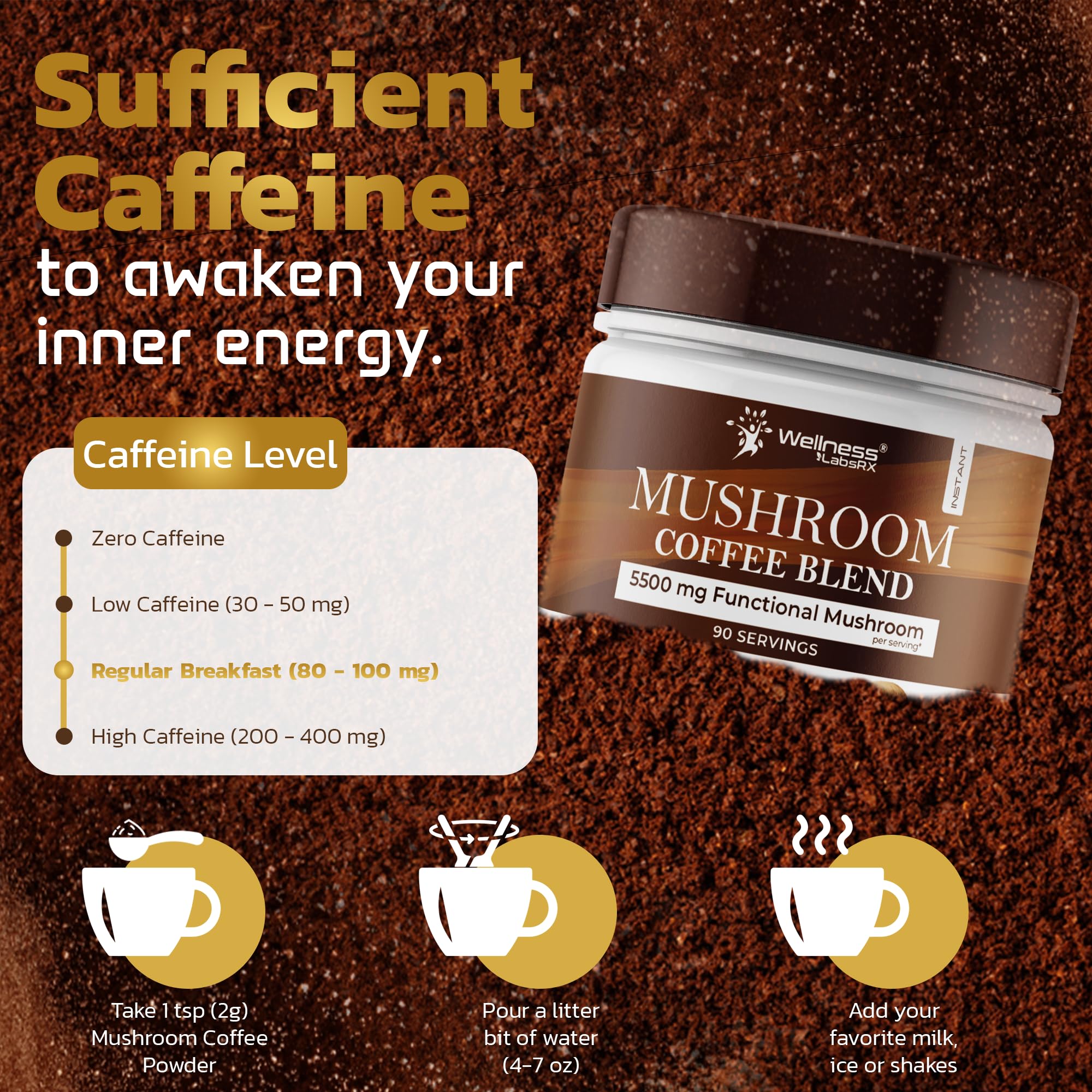 WELLNESS LABSRX Mushroom Coffee ready to brew for daytime focus.