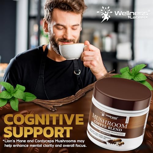 WELLNESS LABSRX Mushroom Coffee served in a glass with a smooth finish.