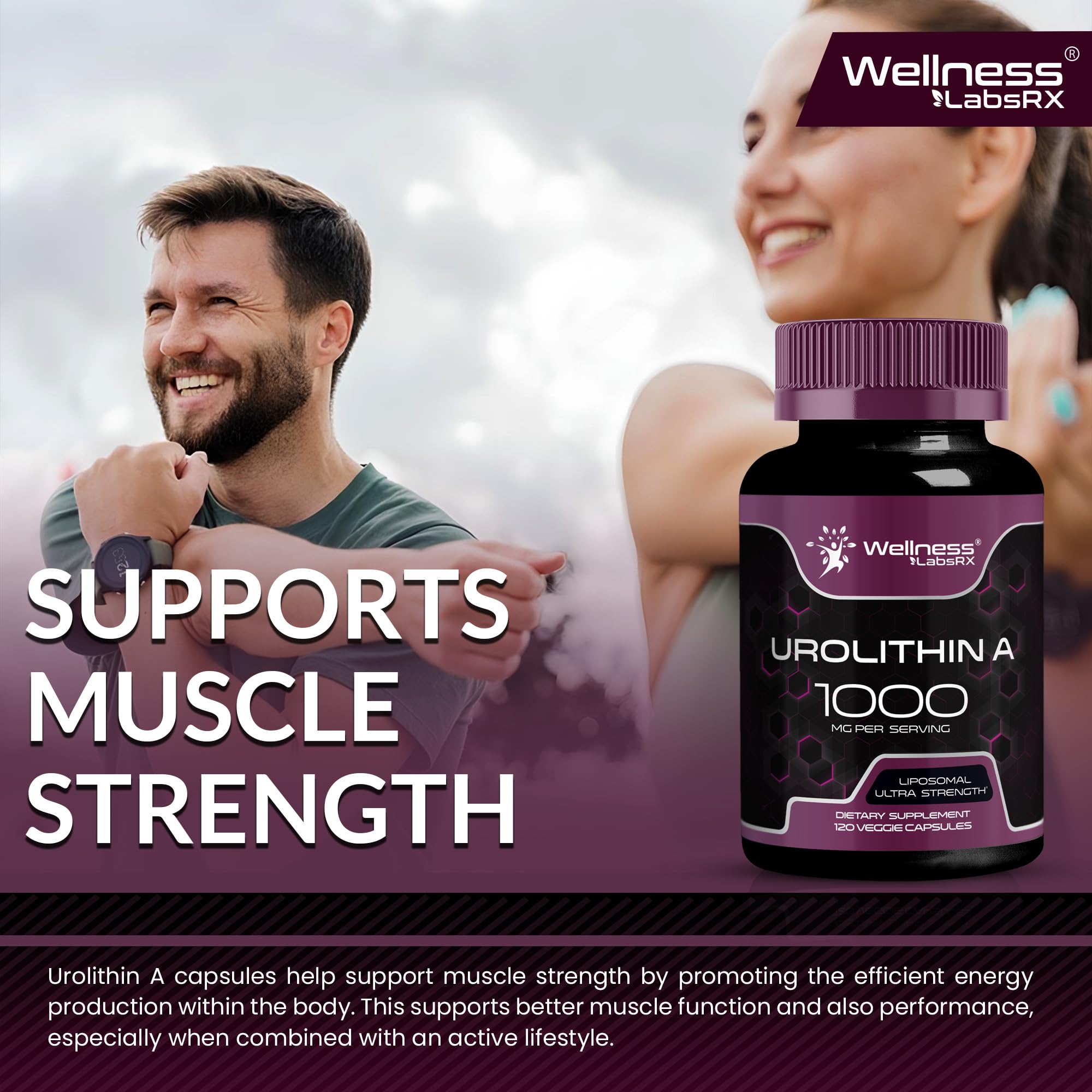 Wellness LabsRx Urolithin A bottle dispensing shot indicating convenient dosing