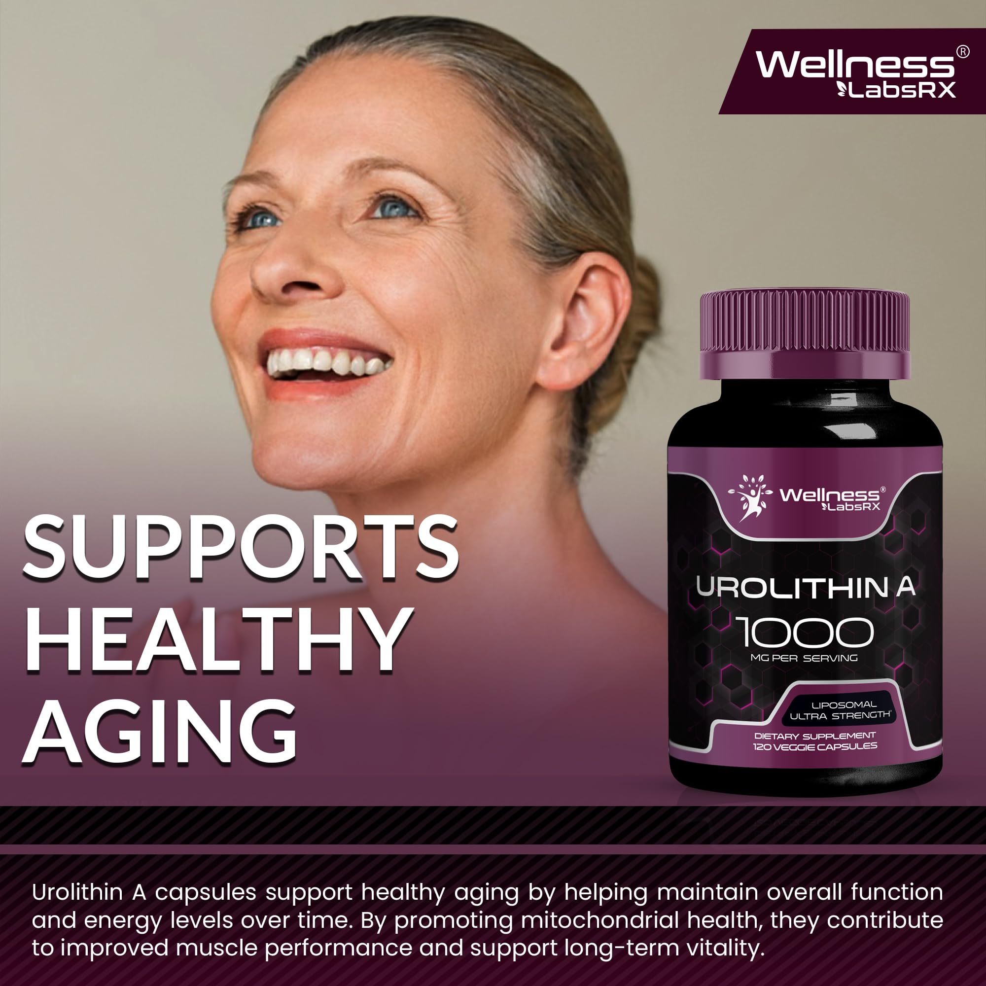 Wellness LabsRx Urolithin A vegan capsules closeup for allergen-conscious wellness