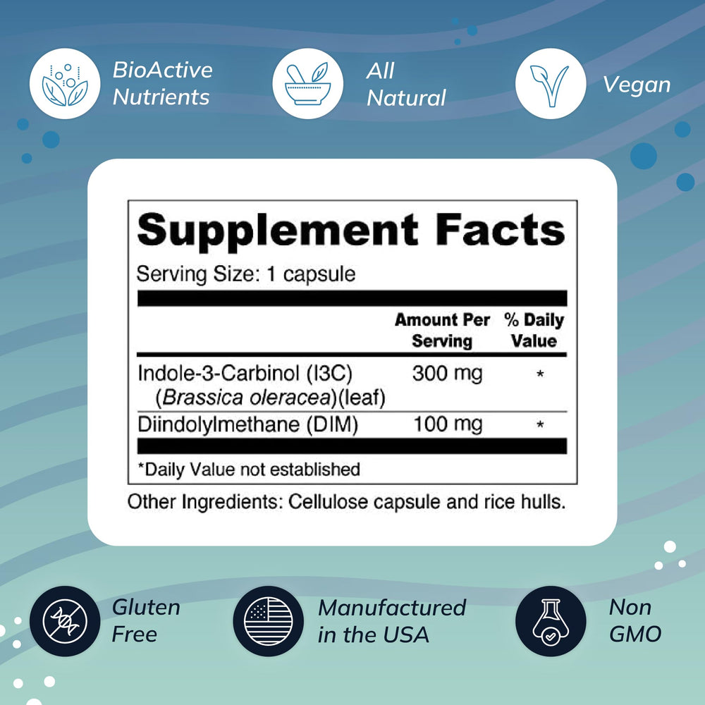 Label-front of Wellness Resources I3C + DIM showing vegan and gluten-free claims.
