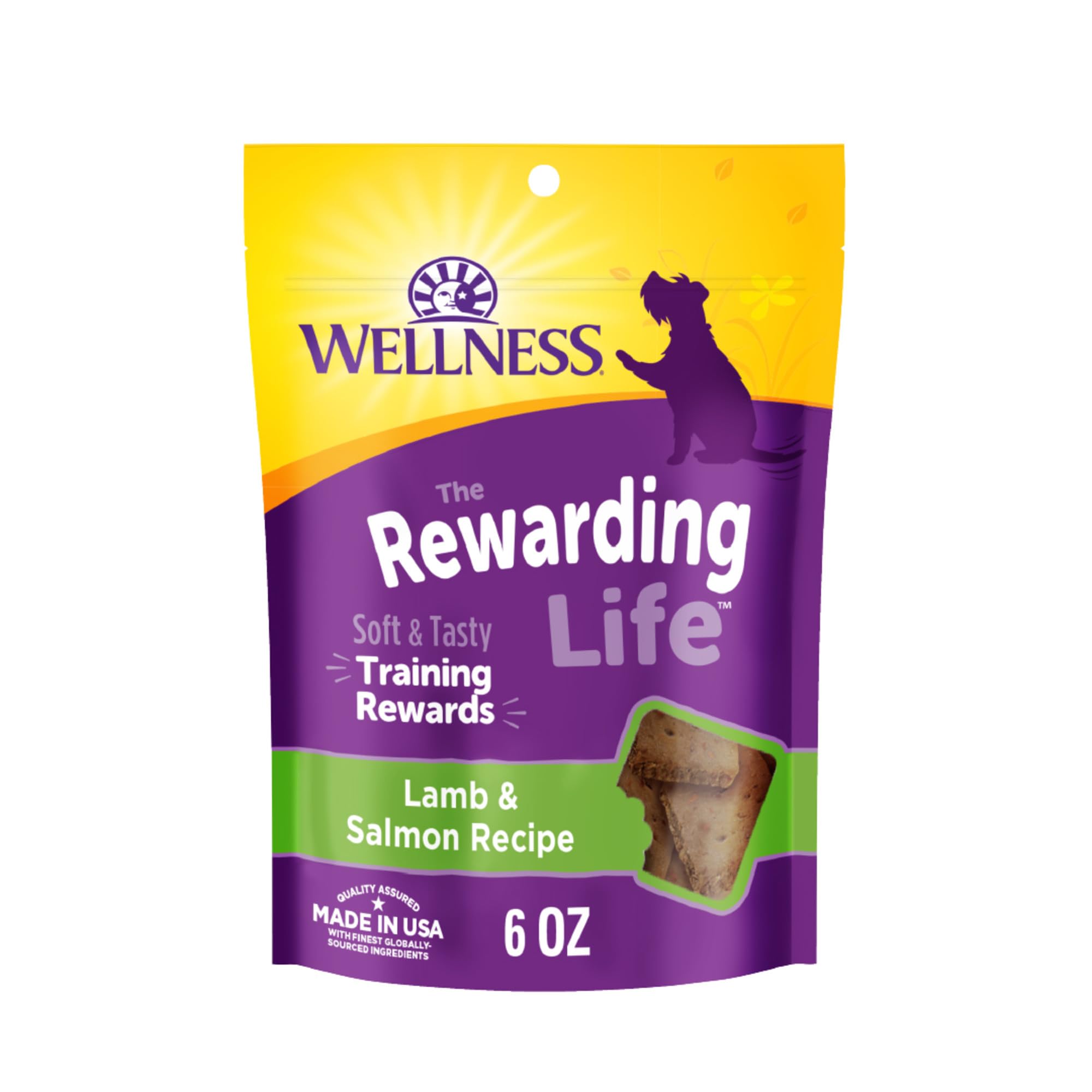 Wellness Rewarding Life soft dog treats in a bag on the counter, ideal training rewards.