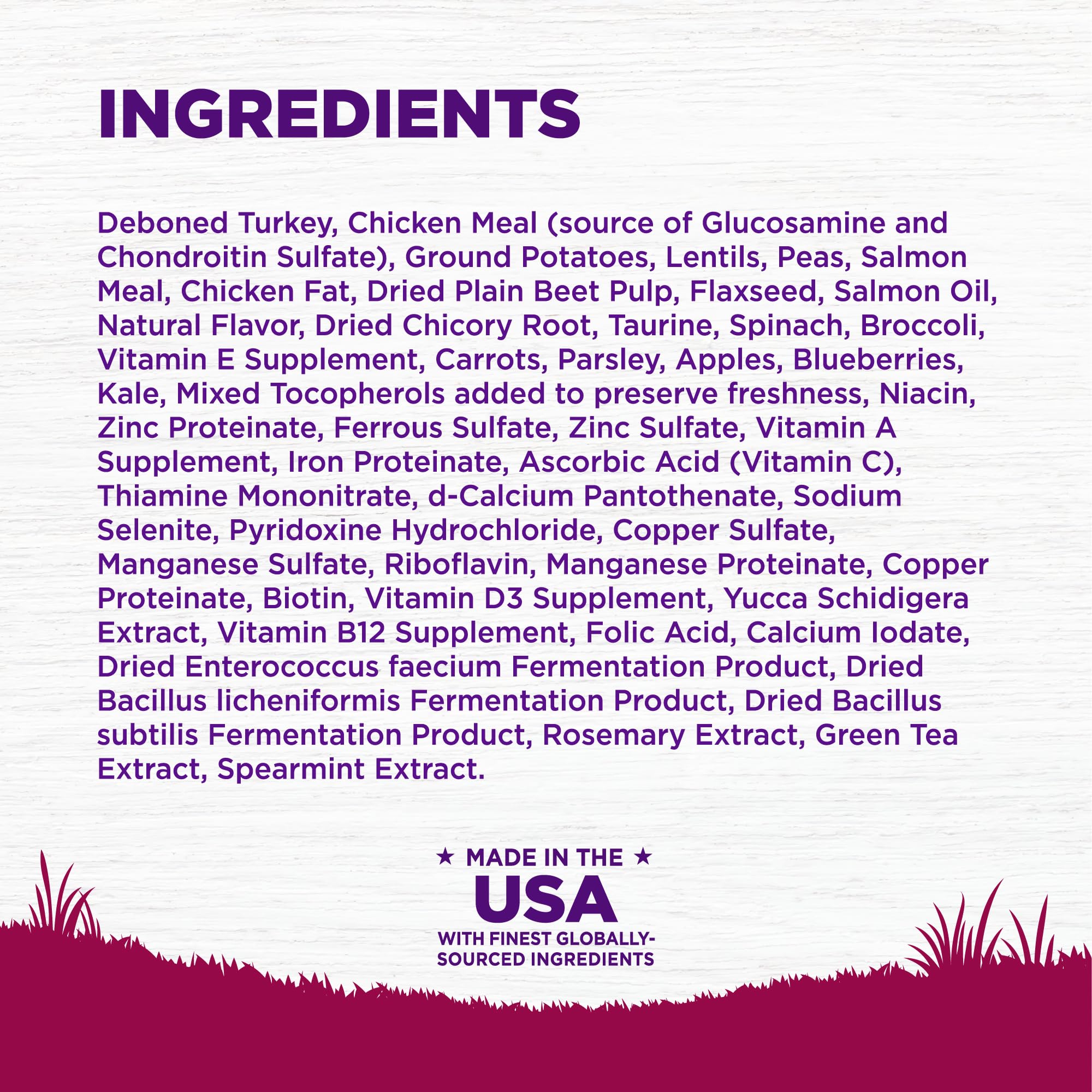 Wellness ingredients label highlights deboned turkey and antioxidants