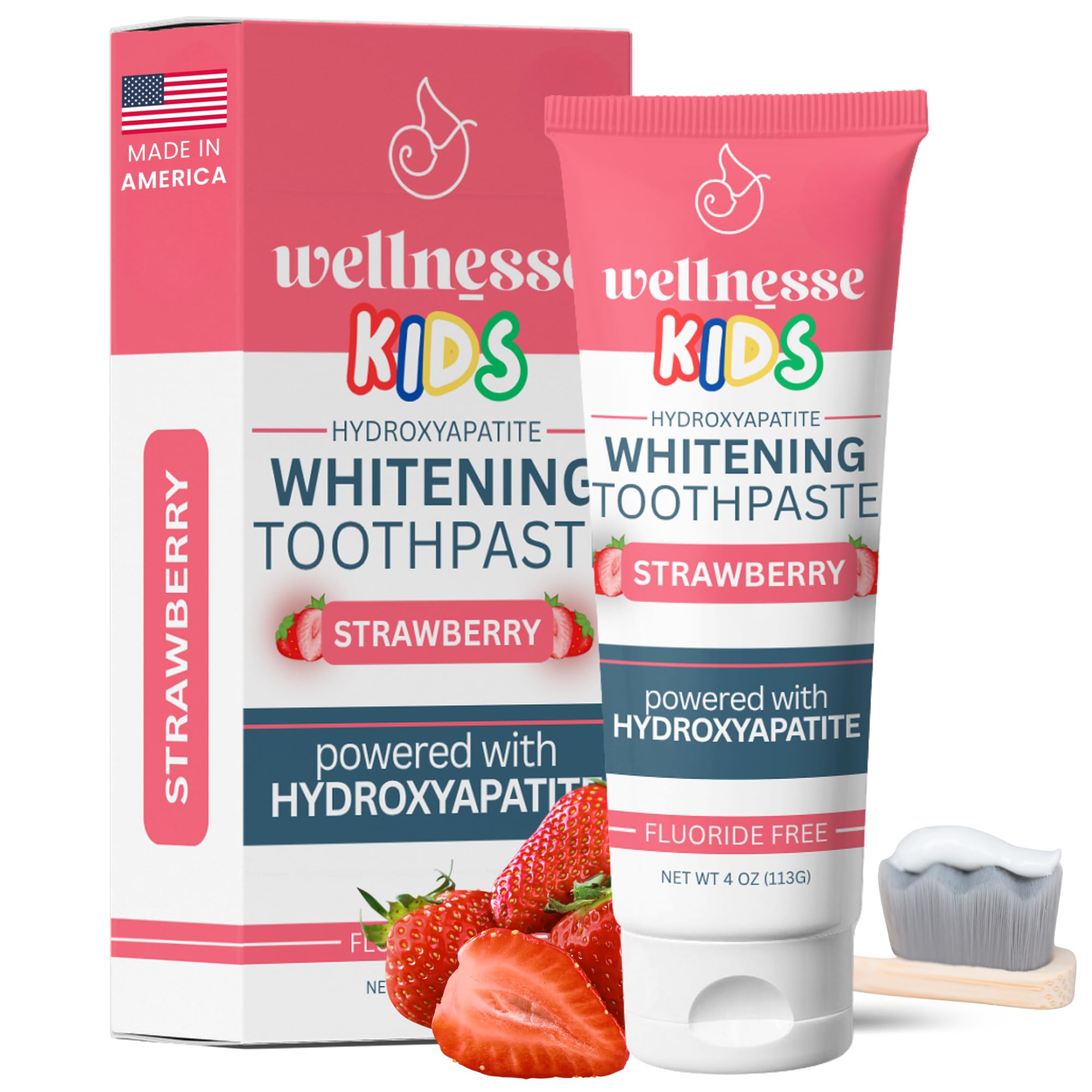 Wellnesse hydroxyapatite toothpaste for kids with strawberry flavor in a tube for enamel-friendly brushing