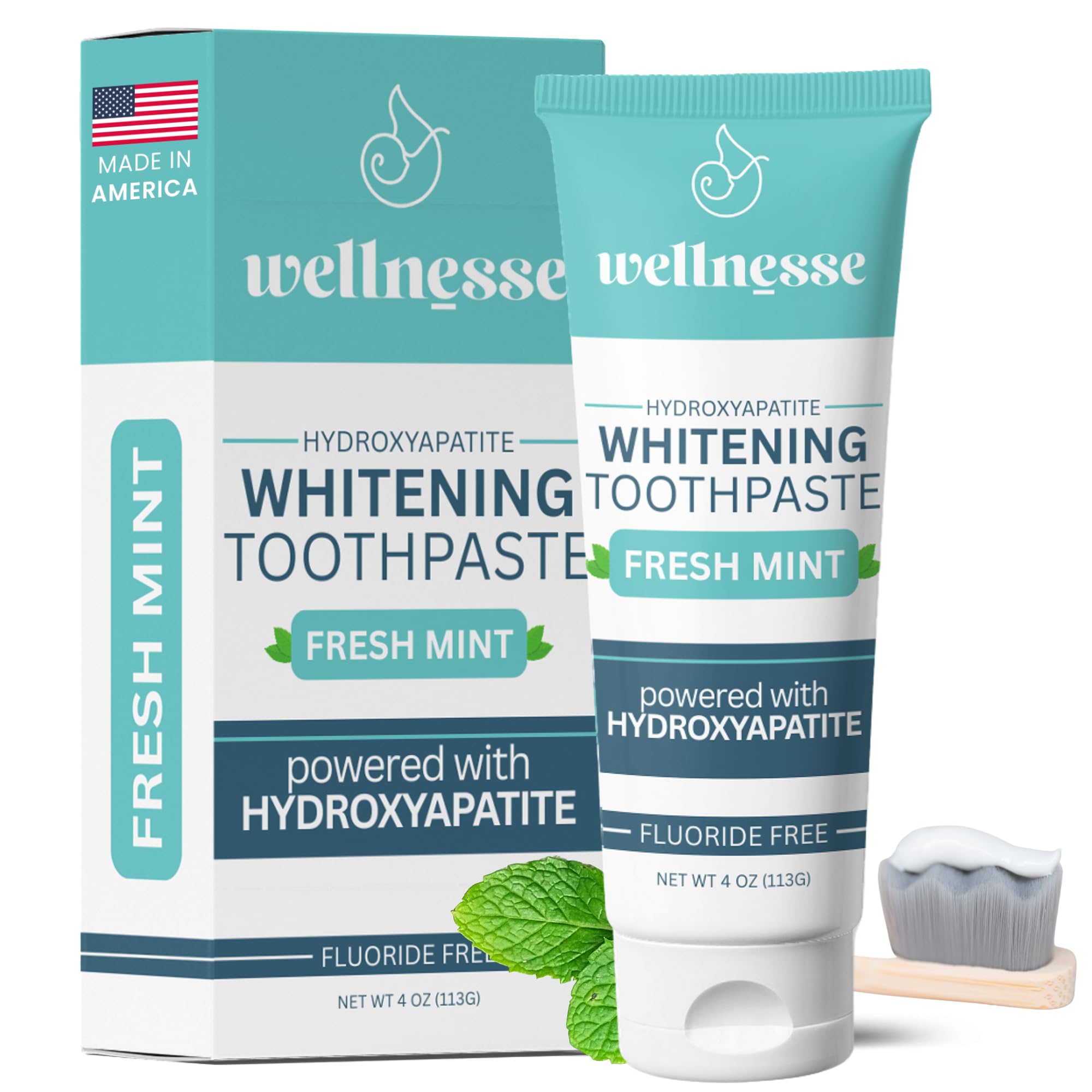 Wellnesse hydroxyapatite toothpaste tube highlights enamel care in a fluoride-free formula for daily brushing