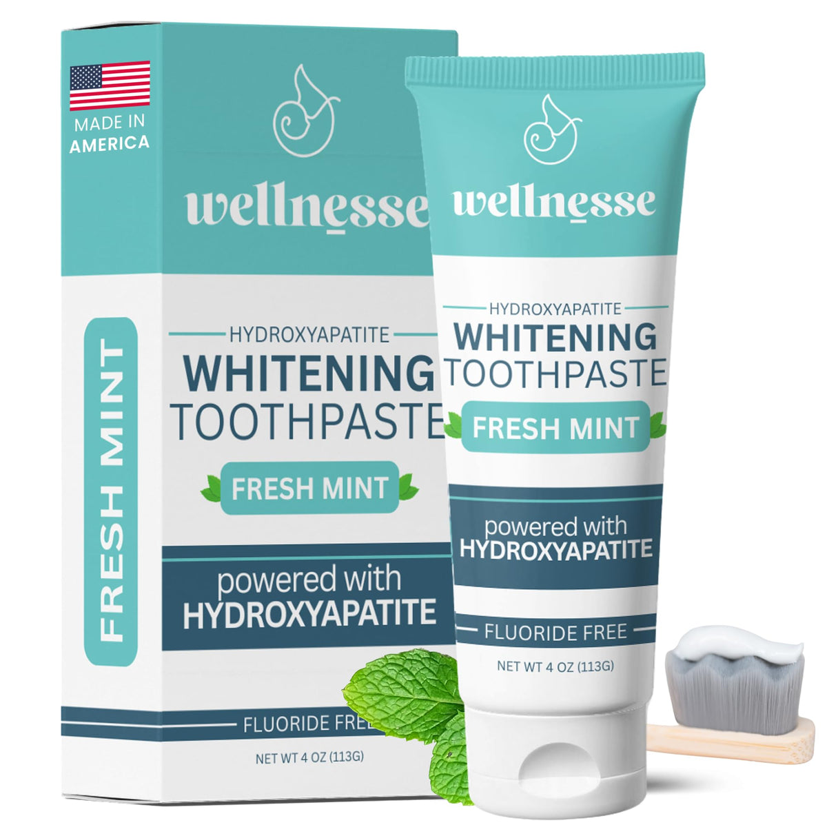 Wellnesse hydroxyapatite toothpaste tube highlights enamel care in a fluoride-free formula for daily brushing