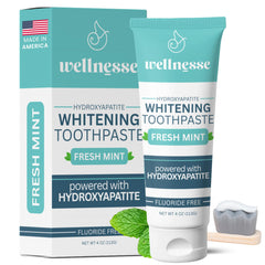 Wellnesse hydroxyapatite toothpaste tube highlights enamel care in a fluoride-free formula for daily brushing