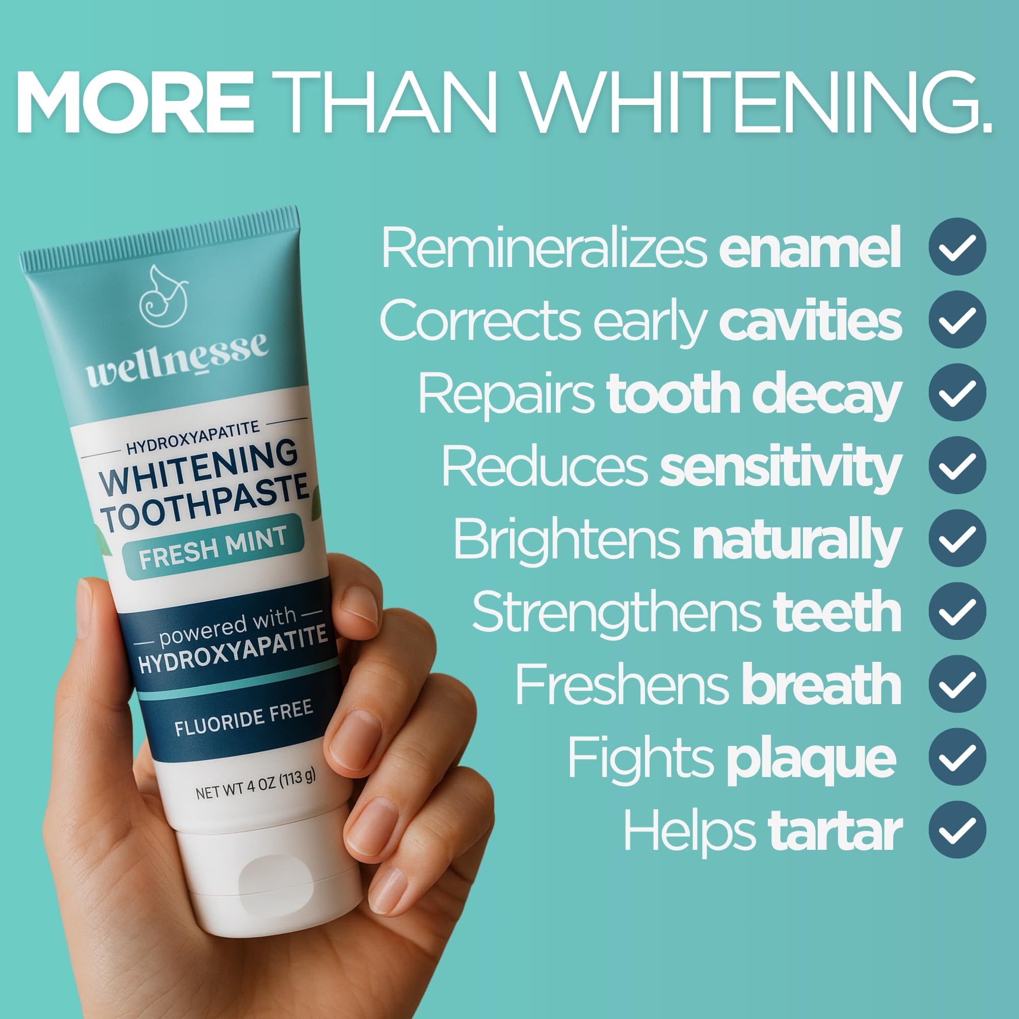 Wellnesse hydroxyapatite whitening effect image shows brighter smile without peroxide