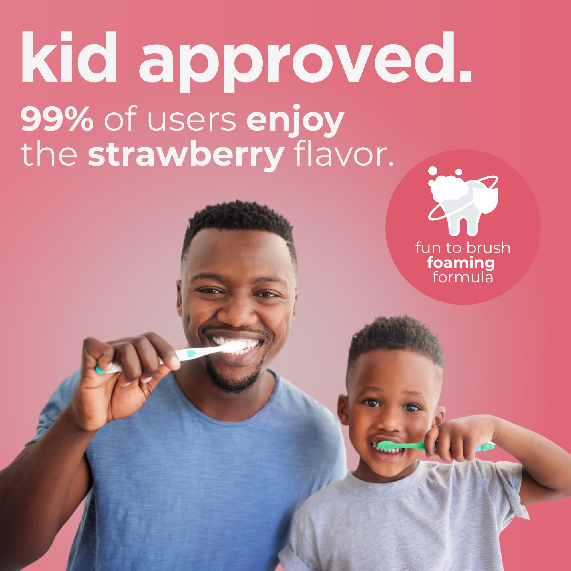 Wellnesse kids toothpaste with strawberry flavor shown beside a toothbrush during brushing time