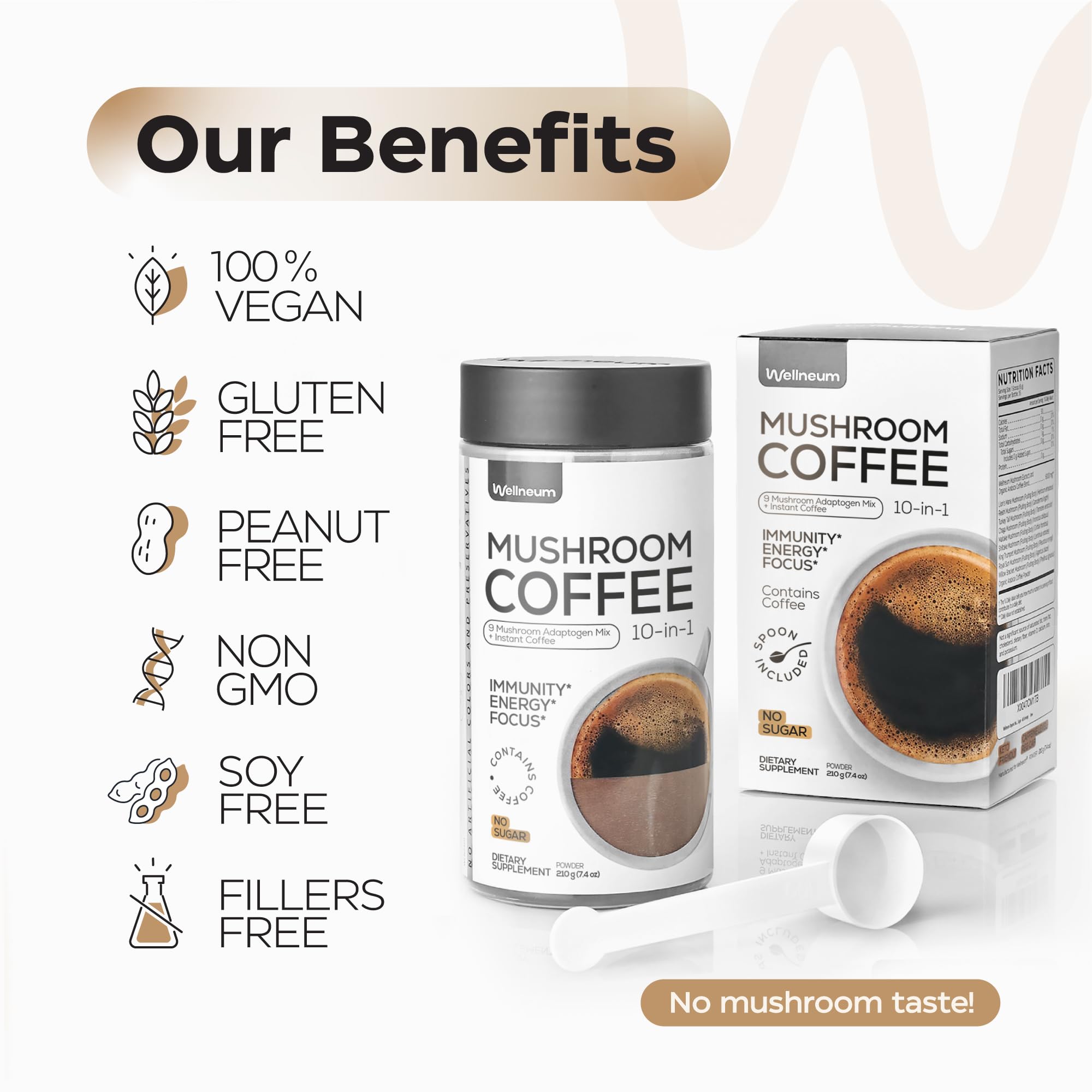 Wellneum brewed cup ready to savor with smooth aroma and velvety finish.