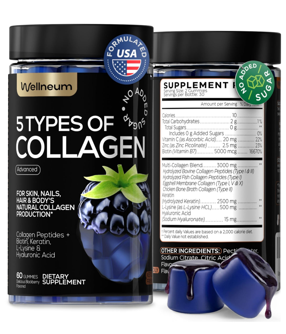 Wellneum collagen peptides gummies packaging displays 60 sugar-free gummies for daily use.
