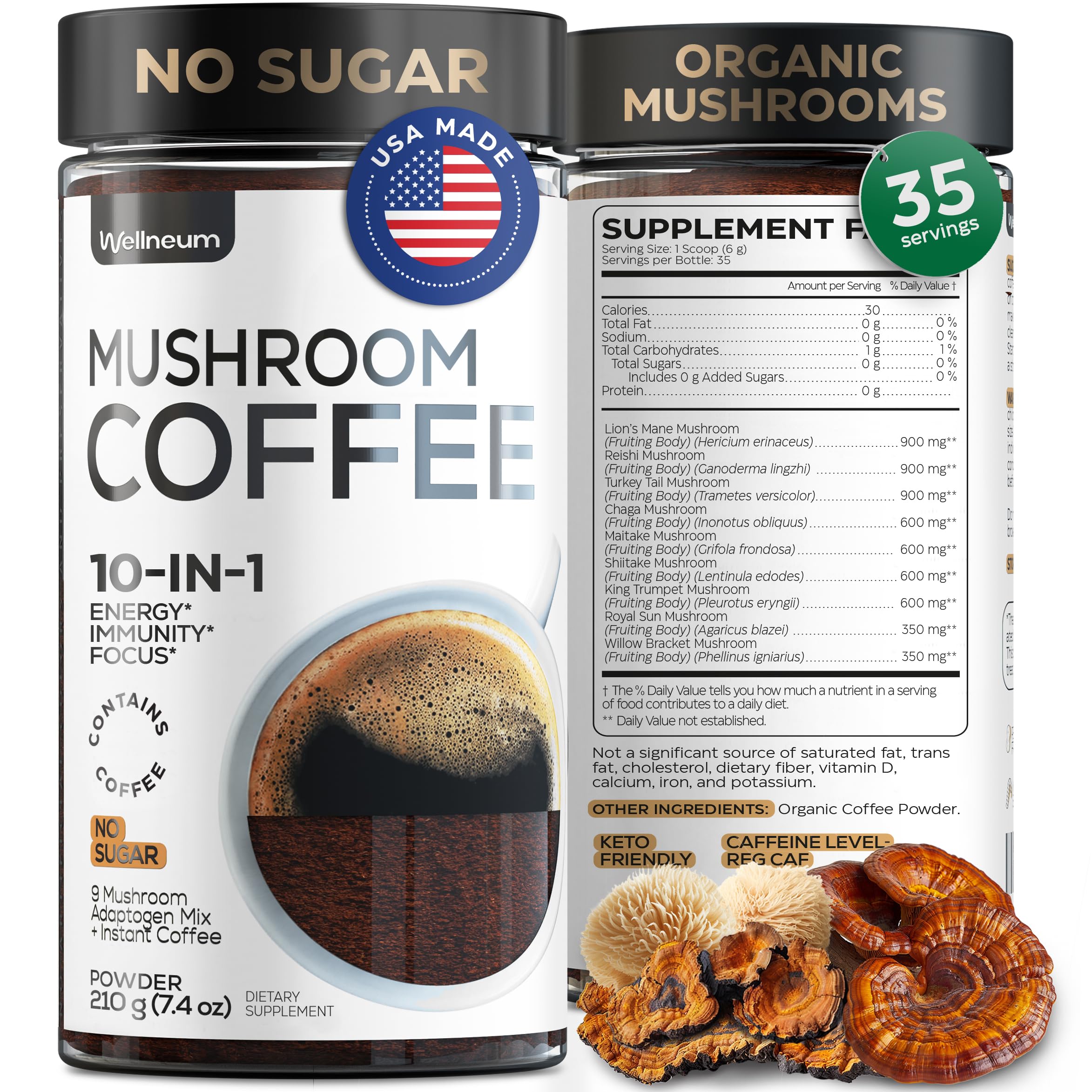 Wellneum Mushroom Coffee canister ready for daily use with a smooth, sugar-free boost.