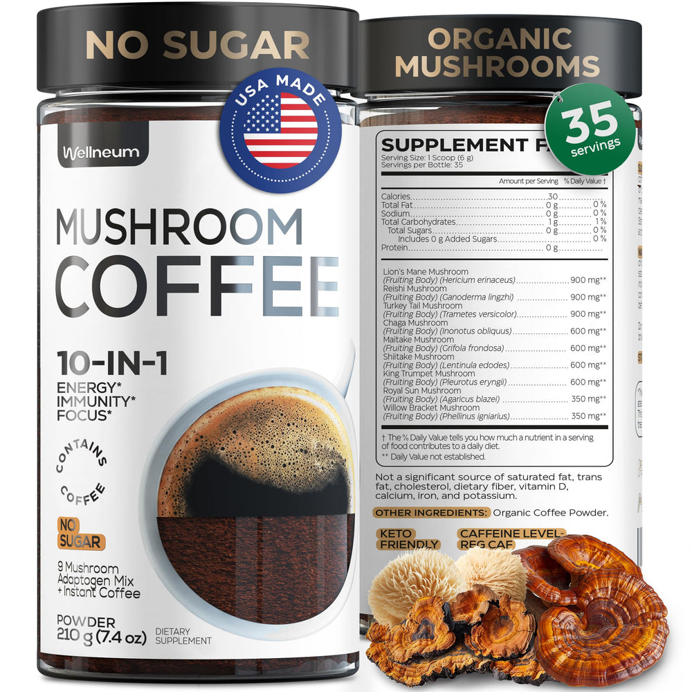 Wellneum Mushroom Coffee canister ready for daily use with a smooth, sugar-free boost.