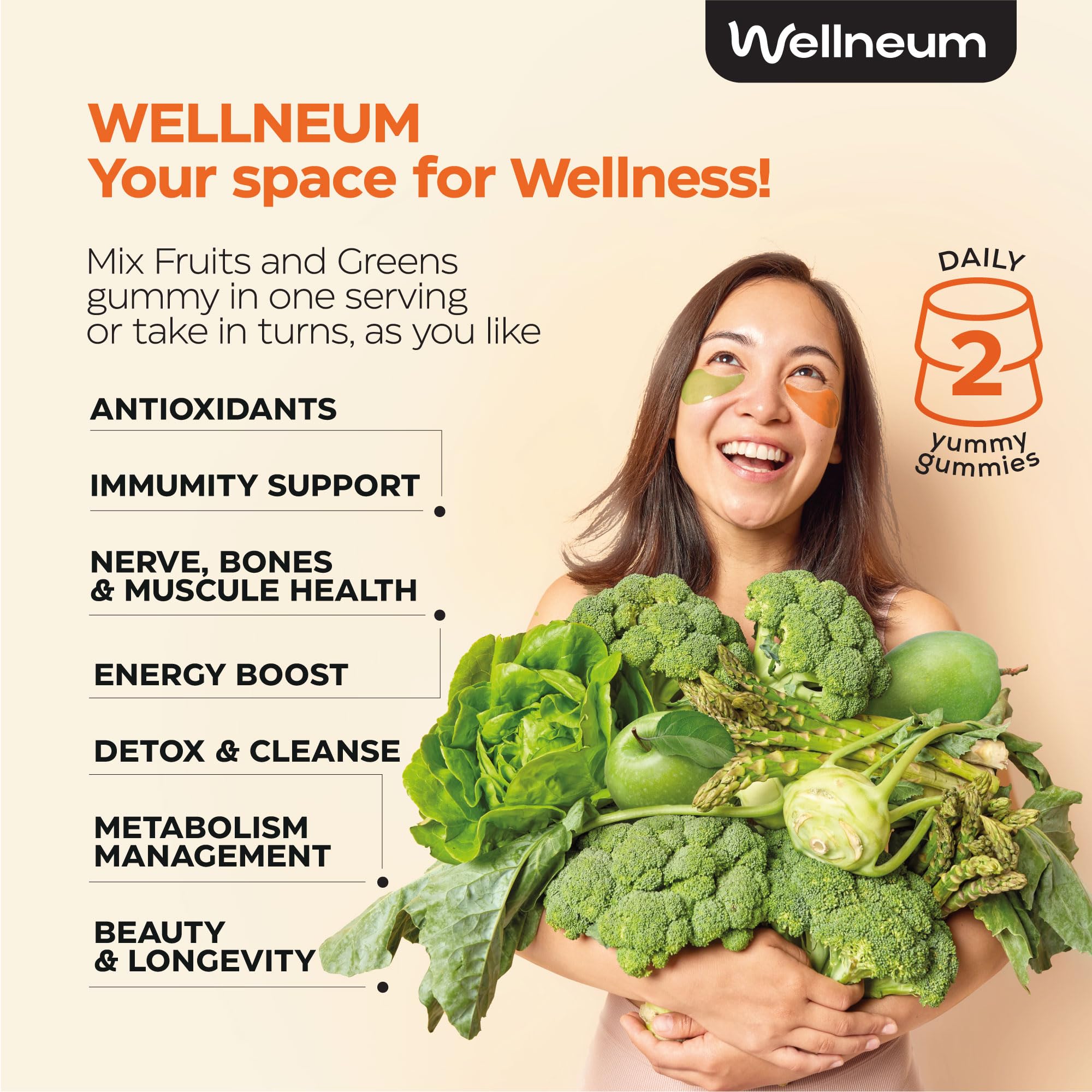 Wellneum Super Greens Gummies bottle-open image highlights an easy daily routine for plant-based nutrition.