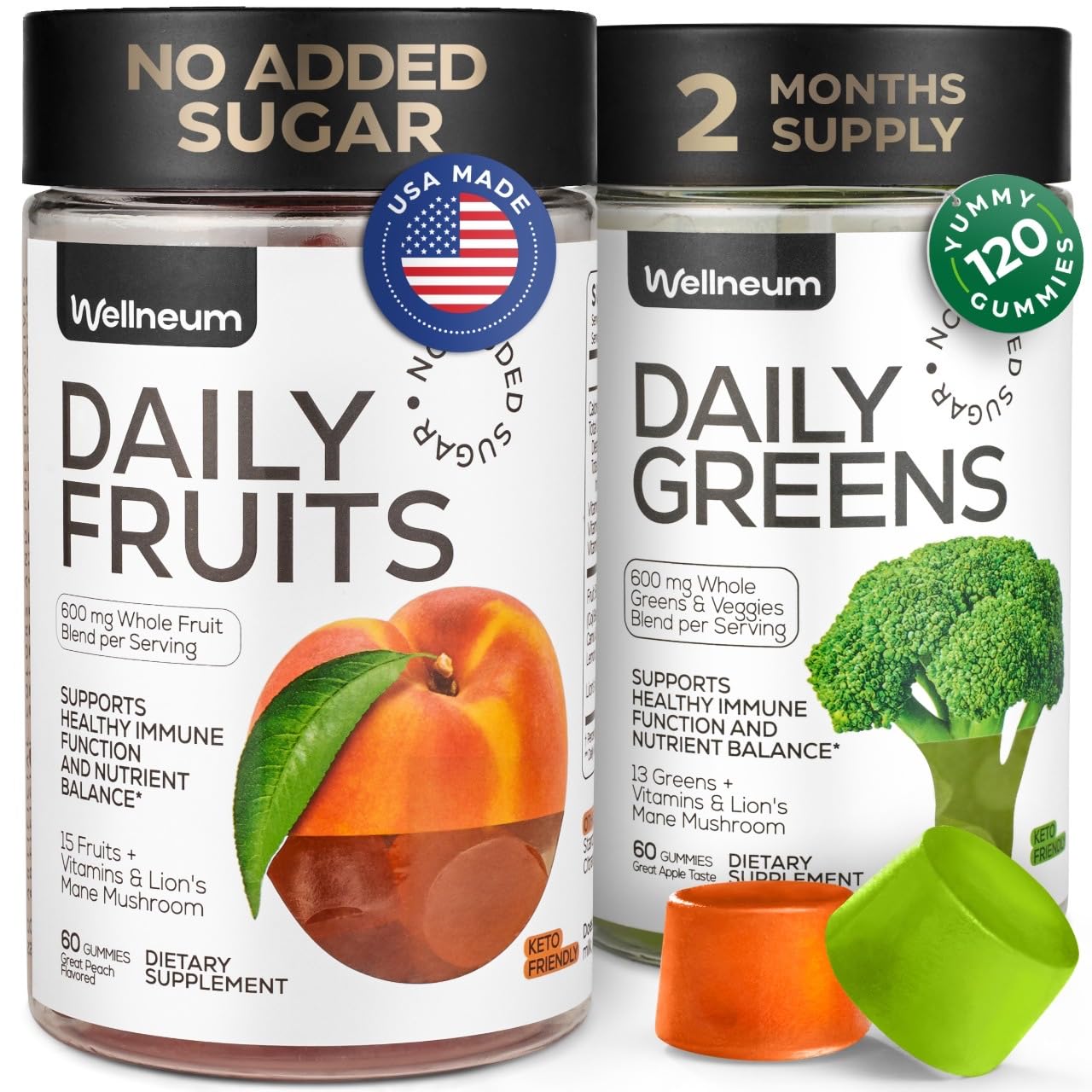 Wellneum Super Greens Gummies bottle shows a convenient plant-based nutrition source.