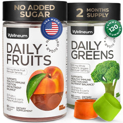 Wellneum Super Greens Gummies bottle shows a convenient plant-based nutrition source.
