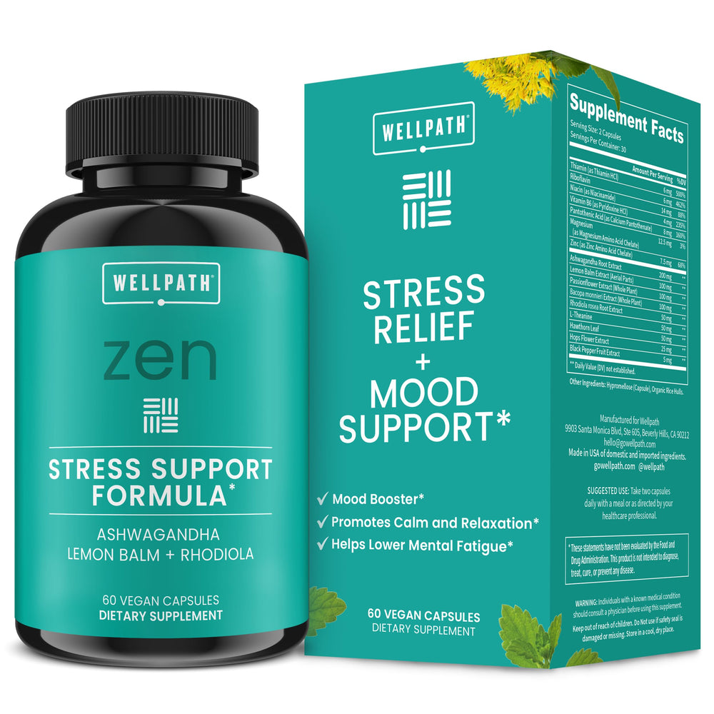 WellPath Zen stress-relief bottle on a clean surface, ready for daily calm support.