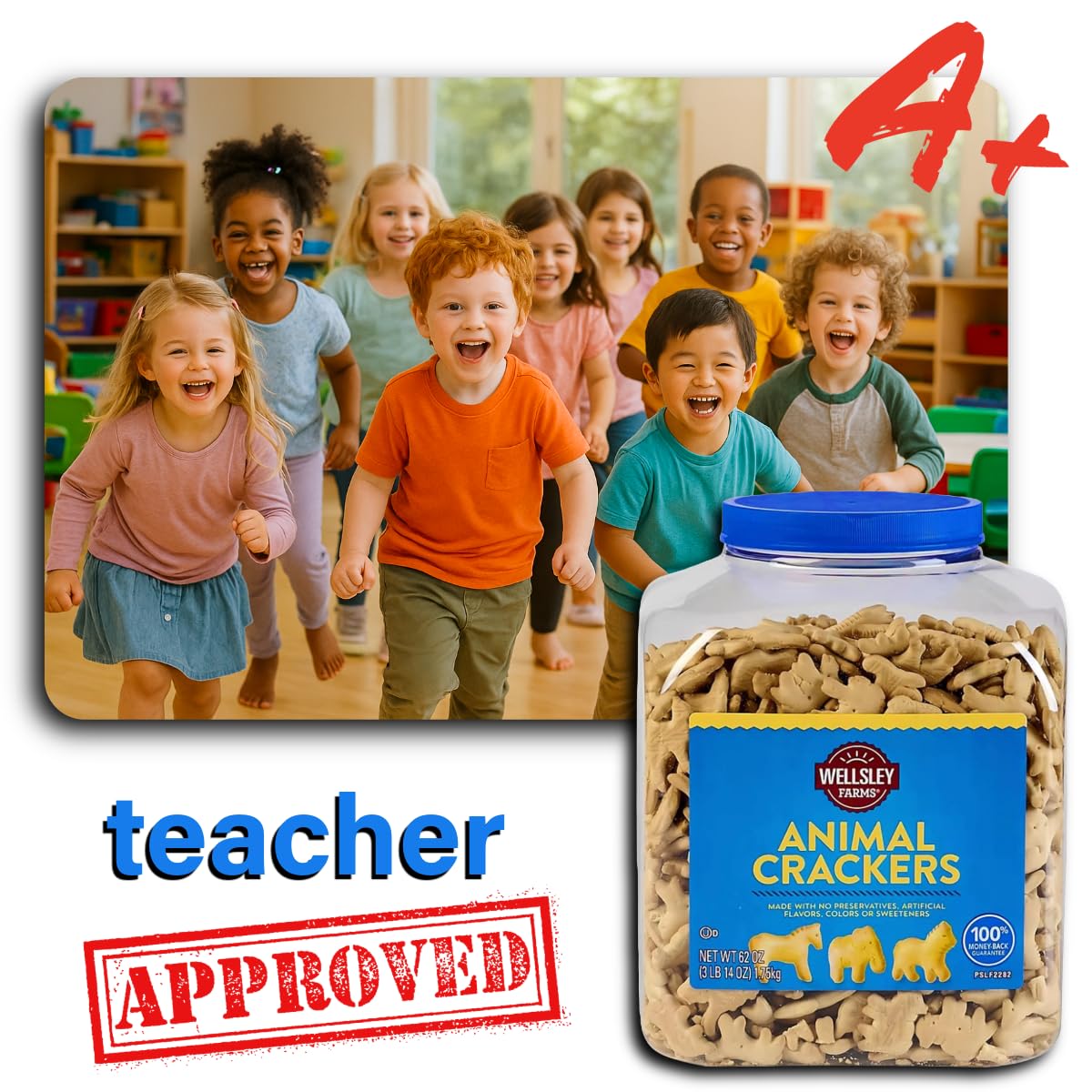 Wellsley Farms Animal Crackers tub at a party setting, crowd-pleasing
