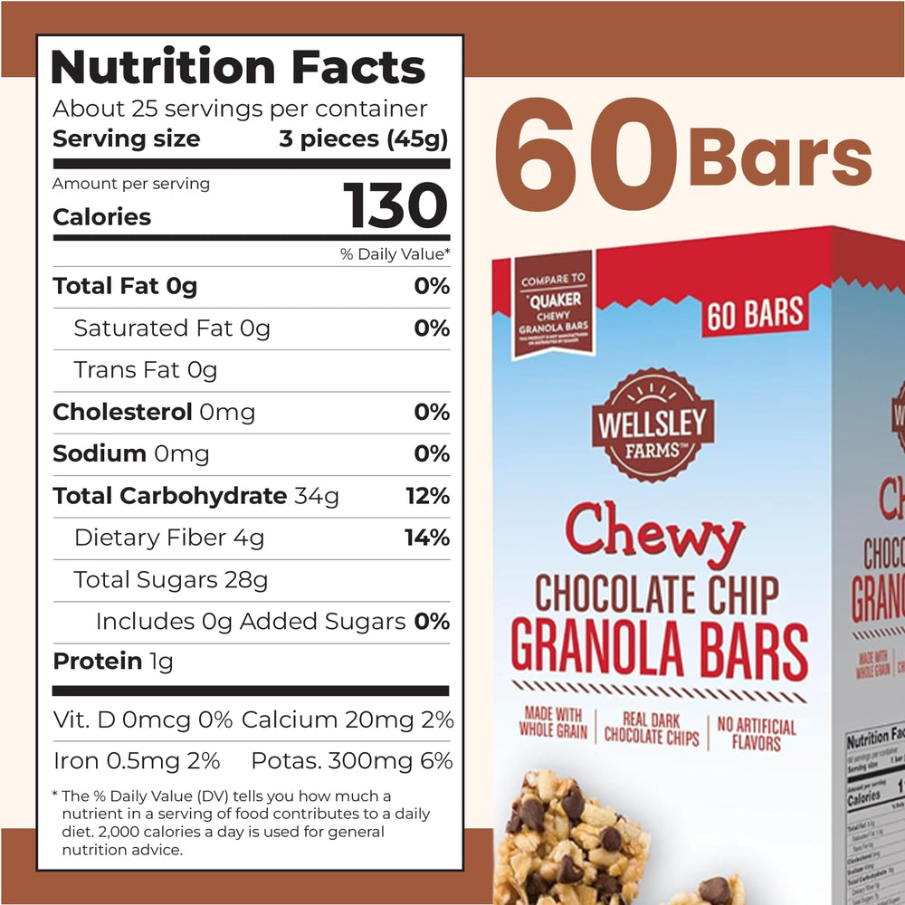 Wellsley Farms chewy granola bar closeup shows real chocolate chips and texture.