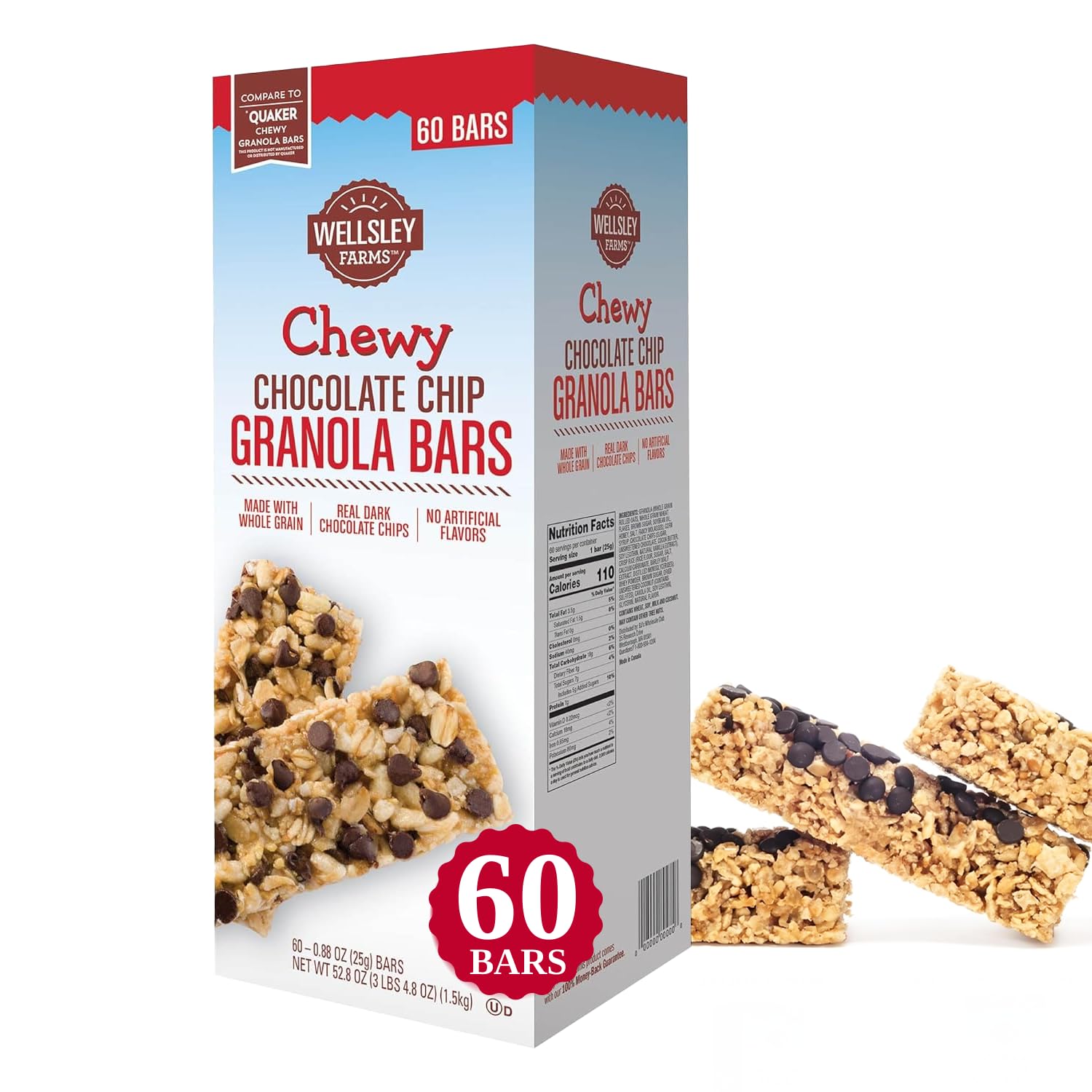 Wellsley Farms chewy chocolate chip granola bar pack, convenient snack for busy days.