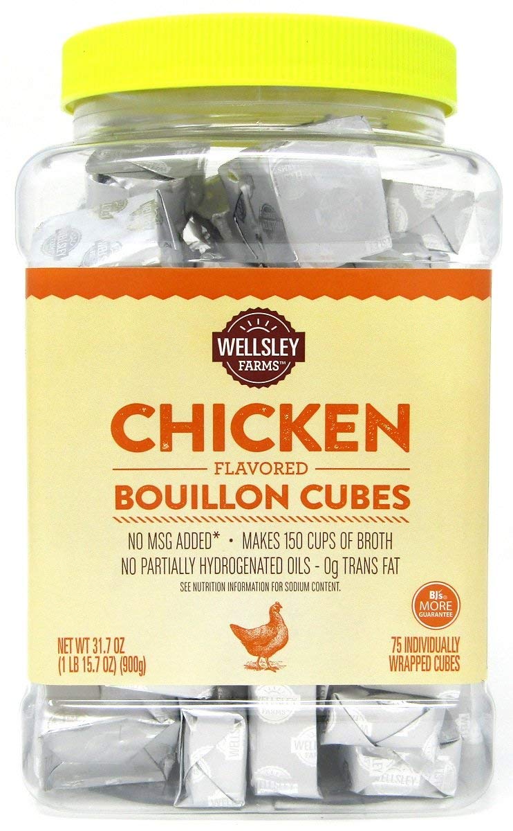 Wellsley Farms chicken-flavored bouillon cubes in a pack, ideal for quick, savory broths.