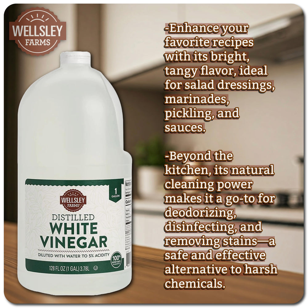 Wellsley Farms vinegar cleaning application shown on a countertop surface.
