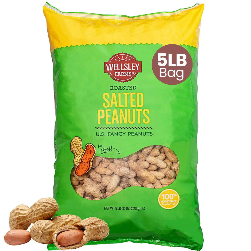 Wellsley Farms salted roasted peanuts in shell, ideal for on-the-go snacking.